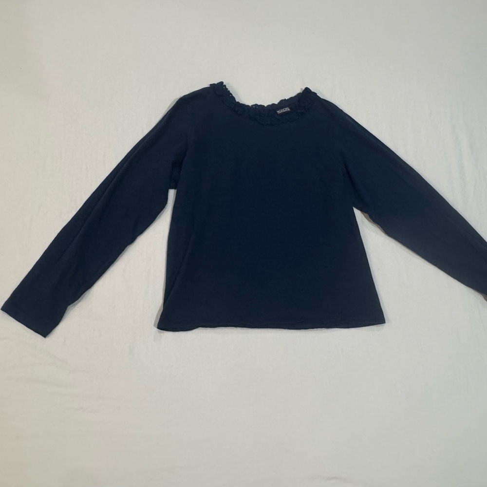 Girls Navy Long Sleeve Blouse Lace Neck Cotton Shirt‎ Size XL 12 14